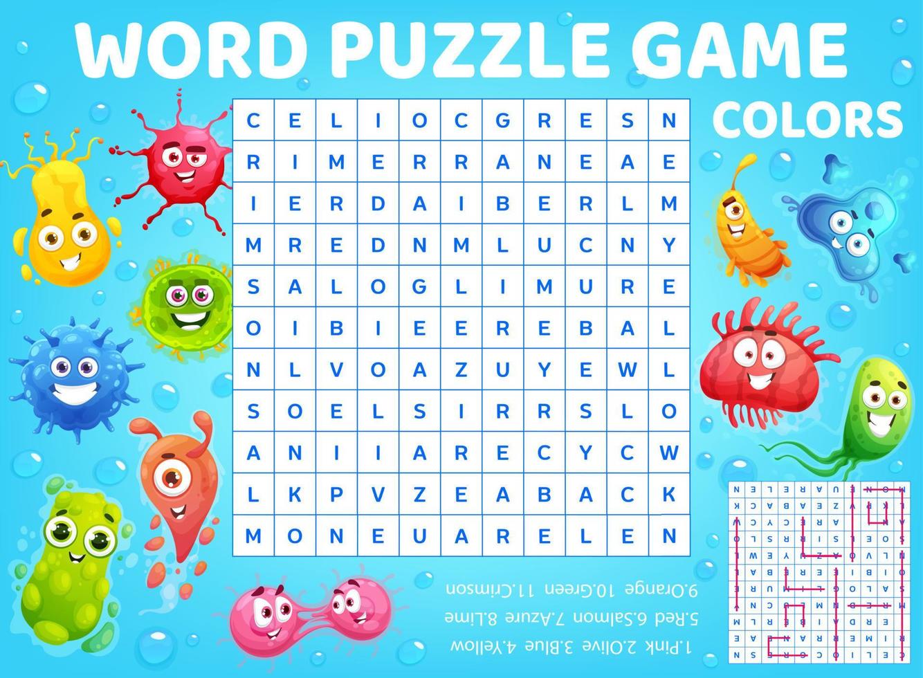 Cartoon viruses, microbe germs, word search puzzle vector