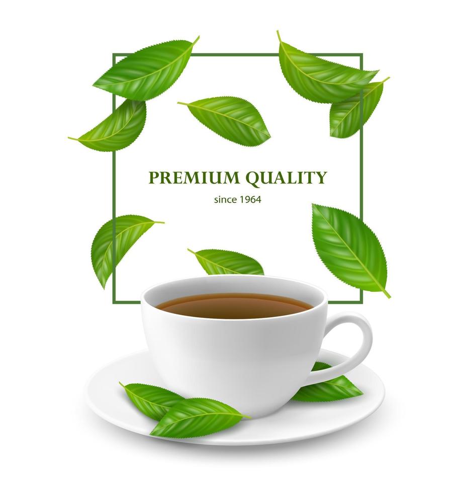 Realistic falling tea leaves and cup of herbal tea vector