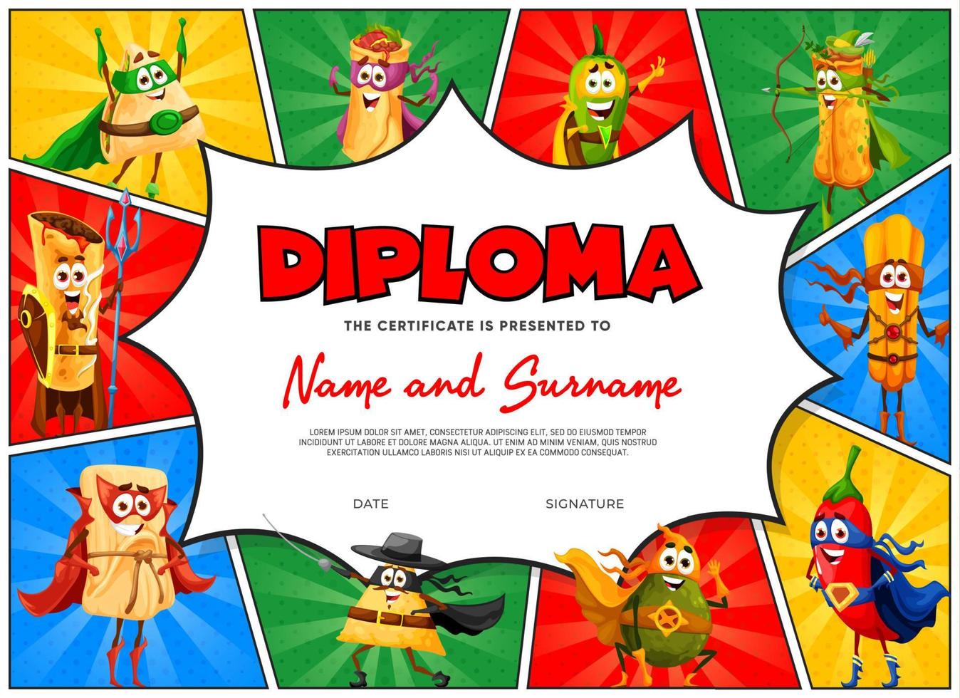 diploma de niños con personajes de cómics retro de dibujos animados vector