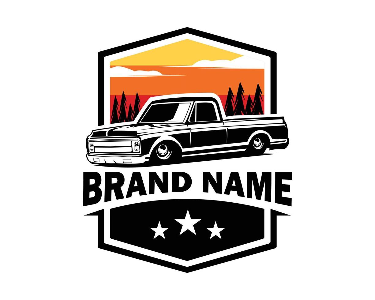 c10 truck logo isolated on white background showing from side with eye catching sunset view. best for badge, emblem, icon. vector available in eps 10.