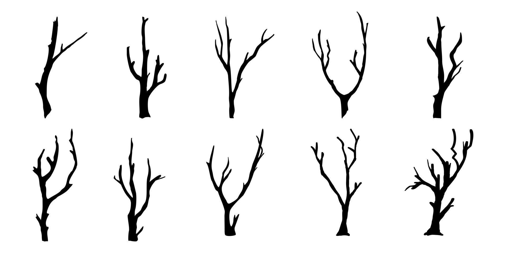 conjunto de siluetas de árbol de rama negra o árboles desnudos. ilustraciones aisladas dibujadas a mano. vector