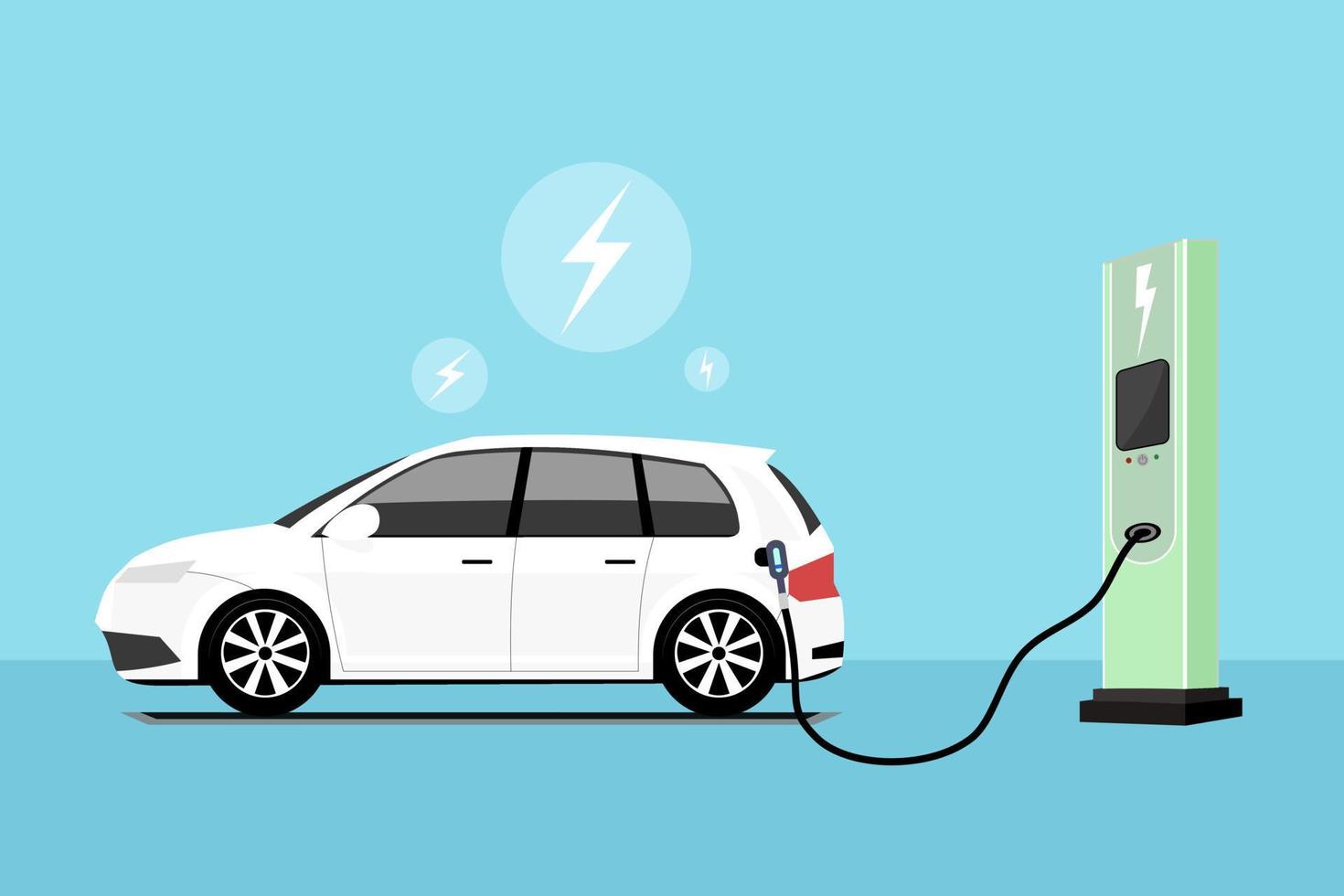 Flat vector illustration of electric car charging at the charger station. Electromobility e-motion concept.