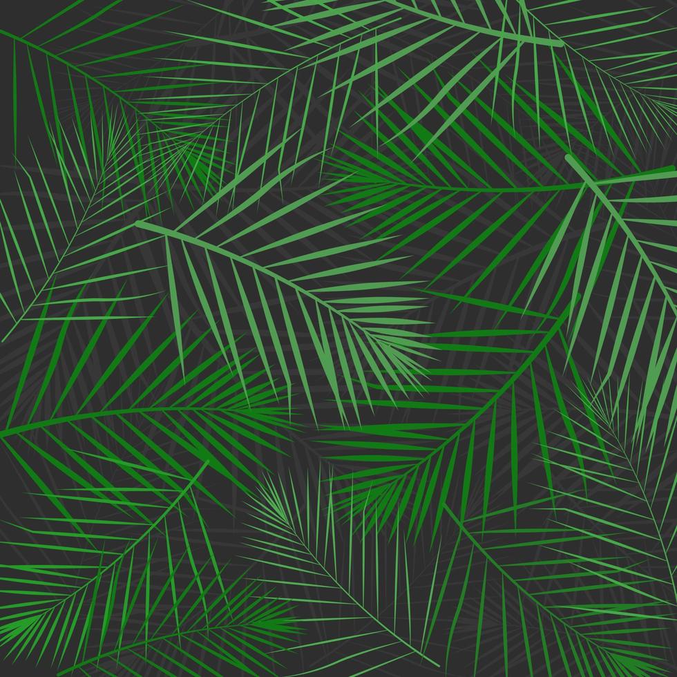 Vector tropical seamless pattern with green palm leaves on a dark background.