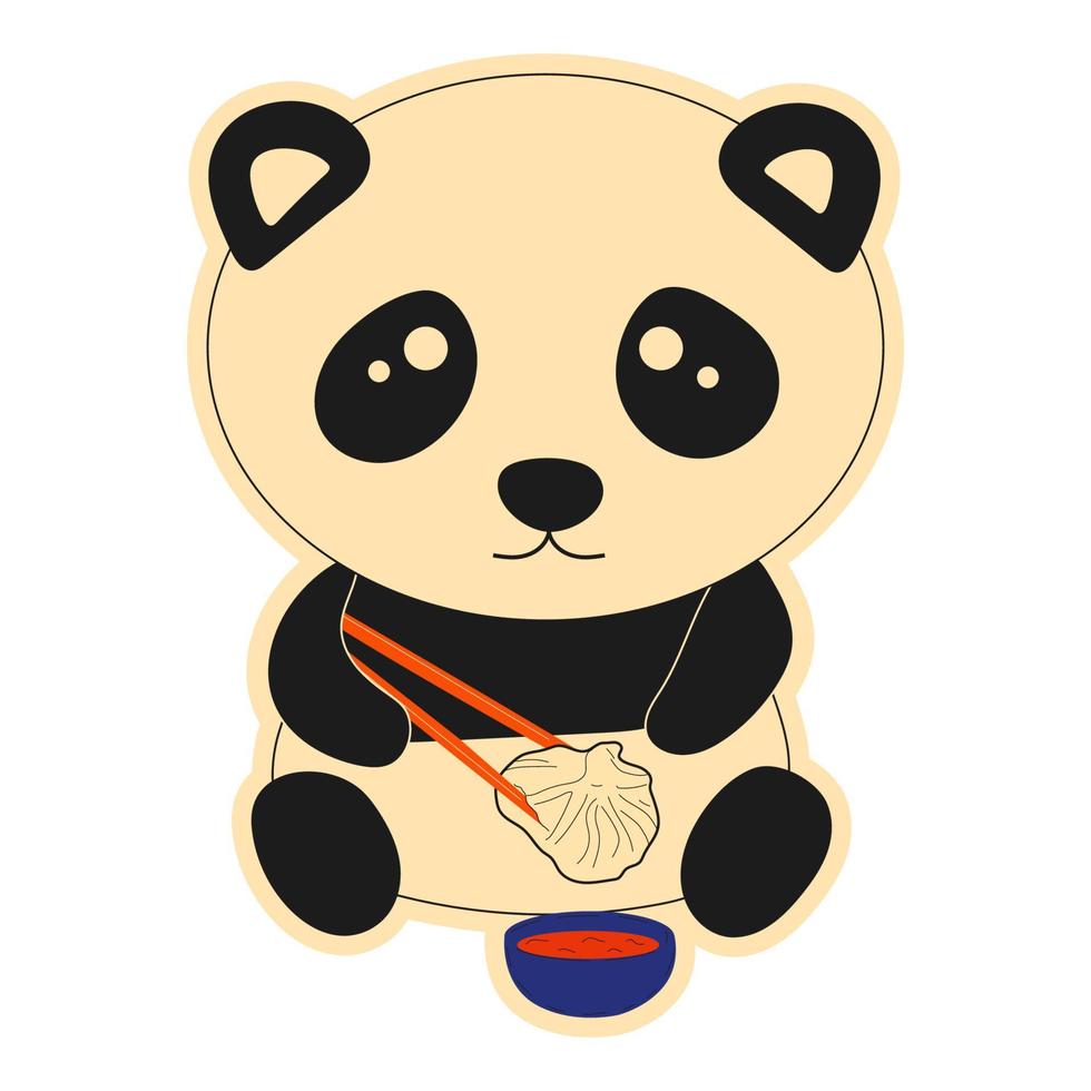 lindo panda comiendo garabato de dim sum. albóndigas chinas tradicionales. ilustración del vector de comida asiática kawaii.