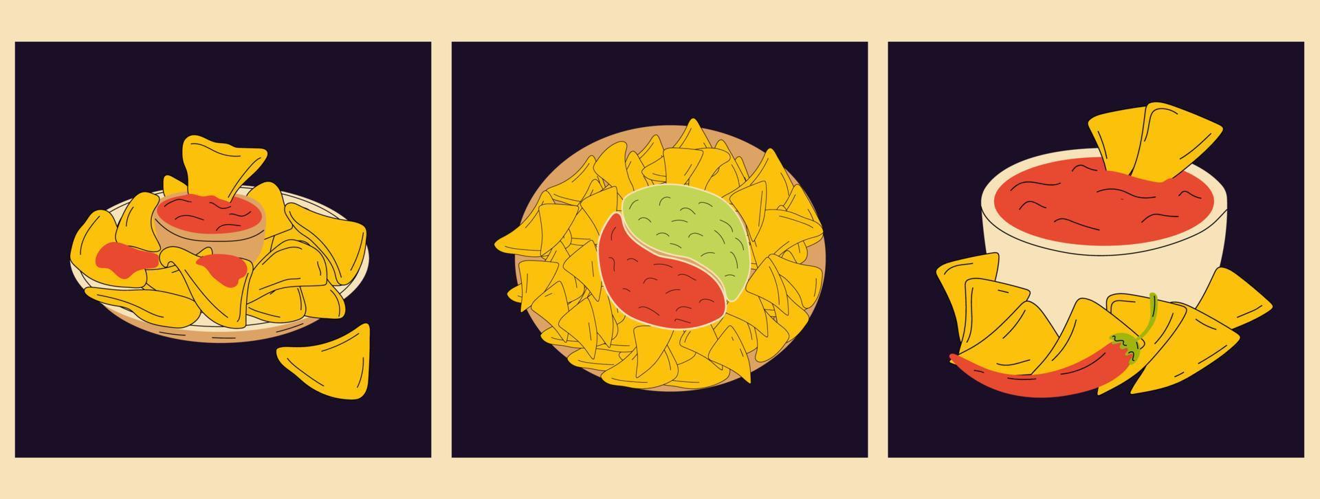 conjunto de tres nachos y salsa de chile icono aislado vectorial. México nachos chips comida rápida merienda vector