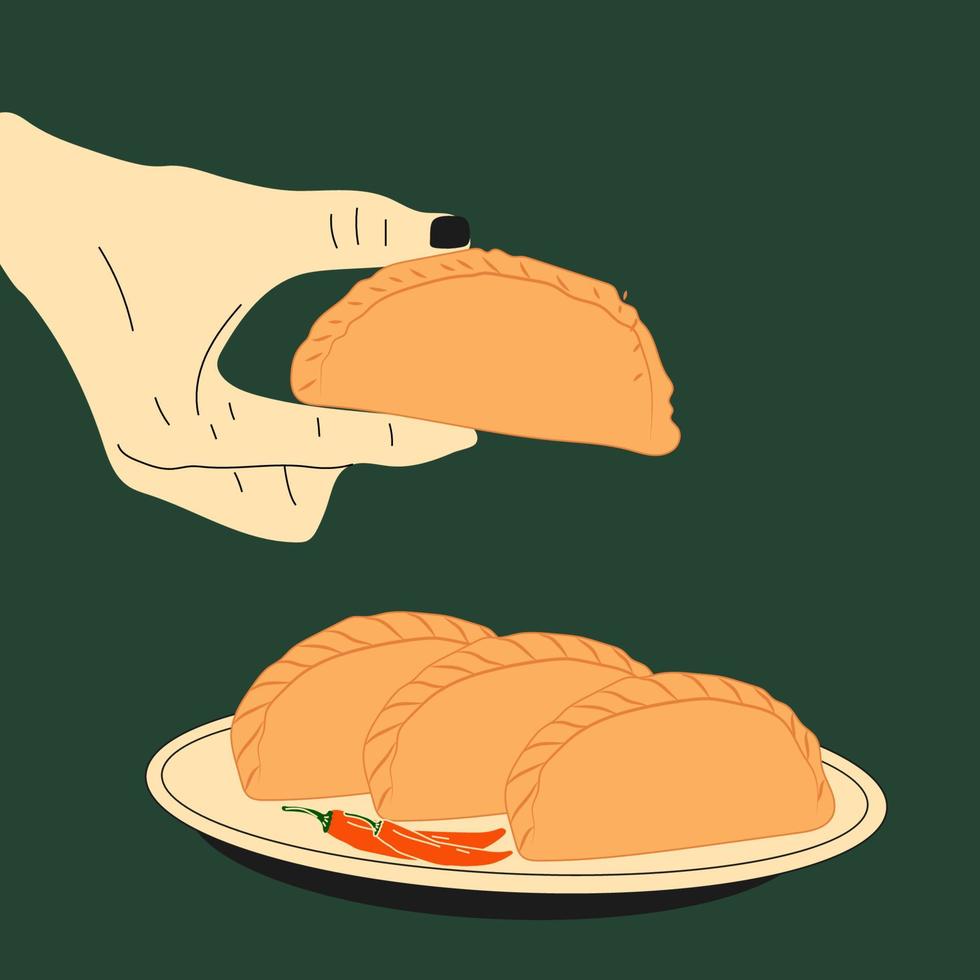 la mano sostiene la empanada. empanadas de comida latinoamericana en plato. vector en estilo de dibujos animados. todos los elementos están aislados