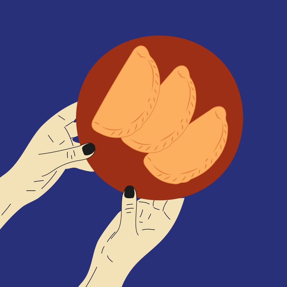 Hands hold Latin American food empanada in plate. Vector in cartoon style. All elements are isolated