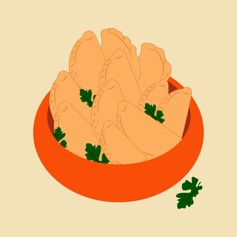 Latin American food empanadas lie in a deep plate. Vector in cartoon style. All elements are isolated