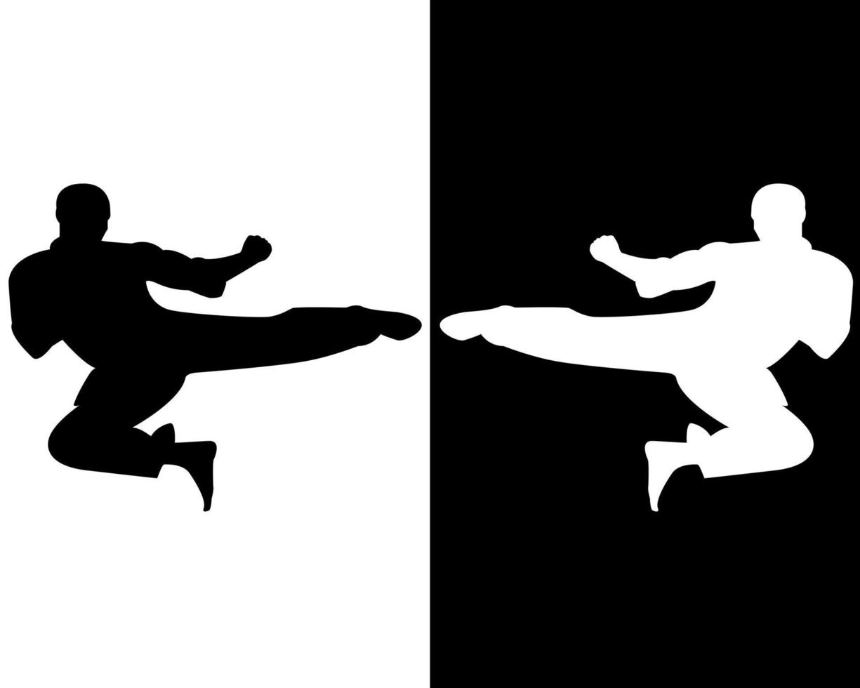 patada de karate para saltar sobre el fondo blanco y negro vector