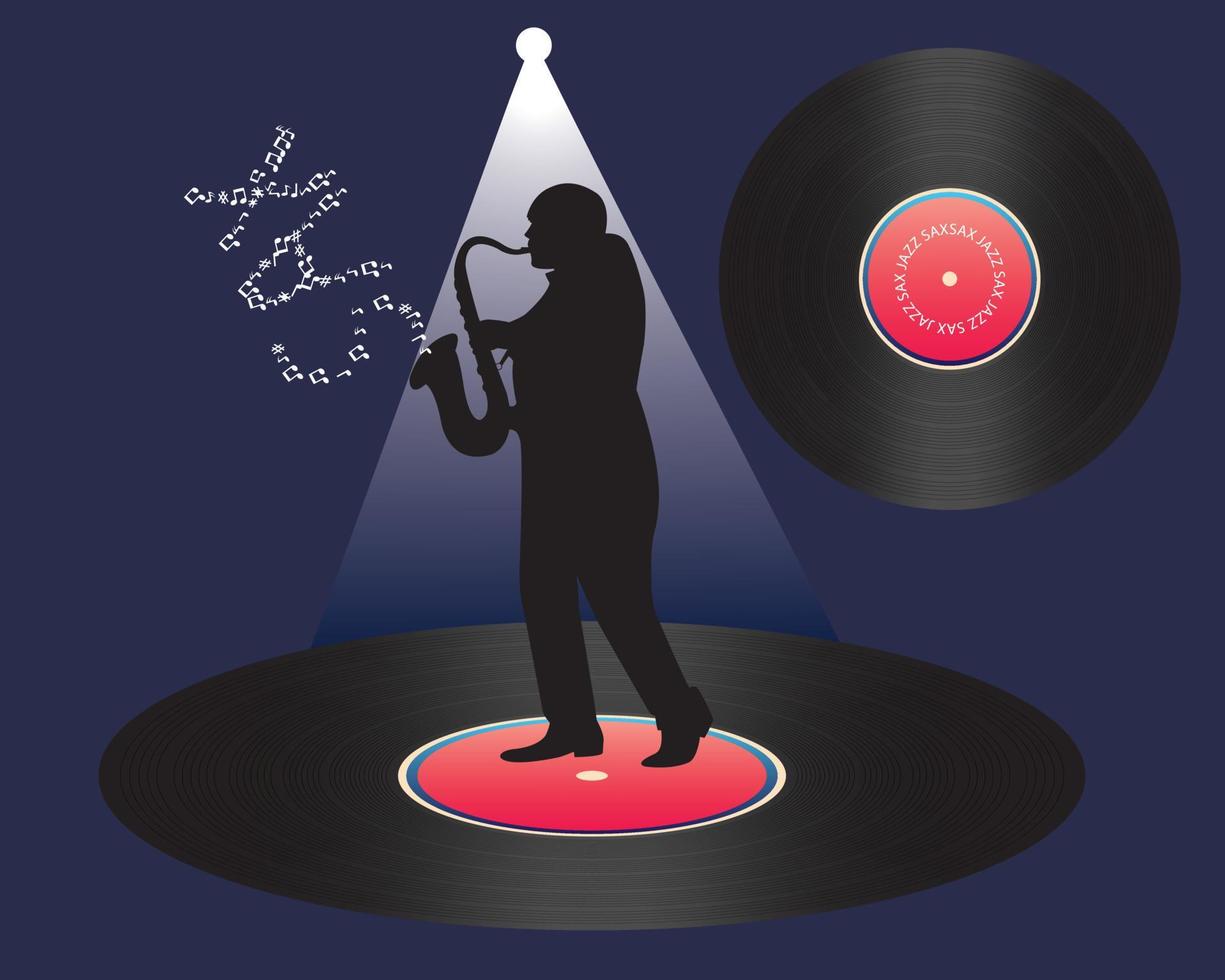 saxofonista y vinilo sobre un fondo azul oscuro vector