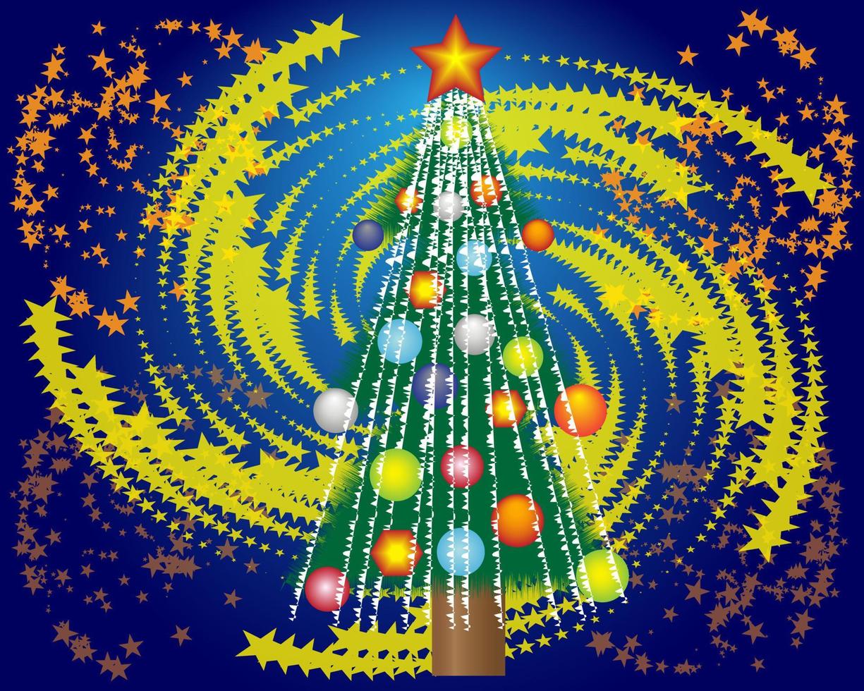árbol de navidad y estrella sobre un fondo azul oscuro vector