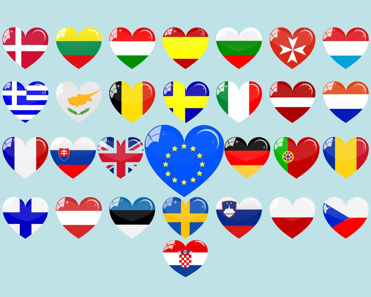 corazones con las banderas de los países europeos vector