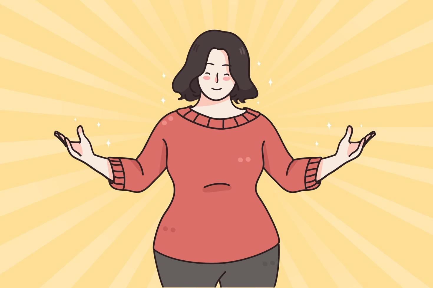 Self esteem, confidence, positive emotions concept. Portrait of confident, satisfied and happy fat overweight woman with both hands out vector illustration