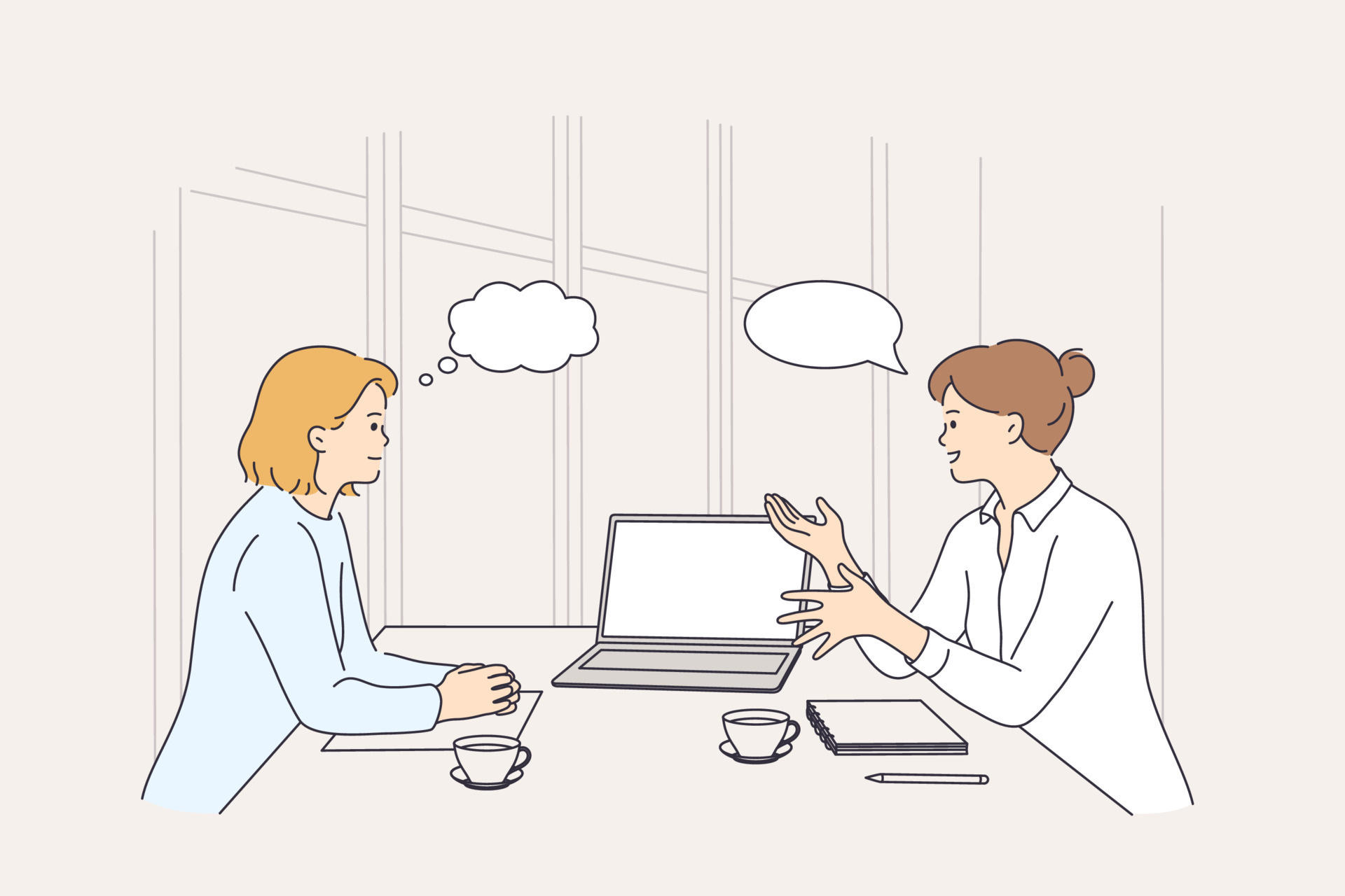 Business meeting, discussion, brainstorm concept. Two smiling