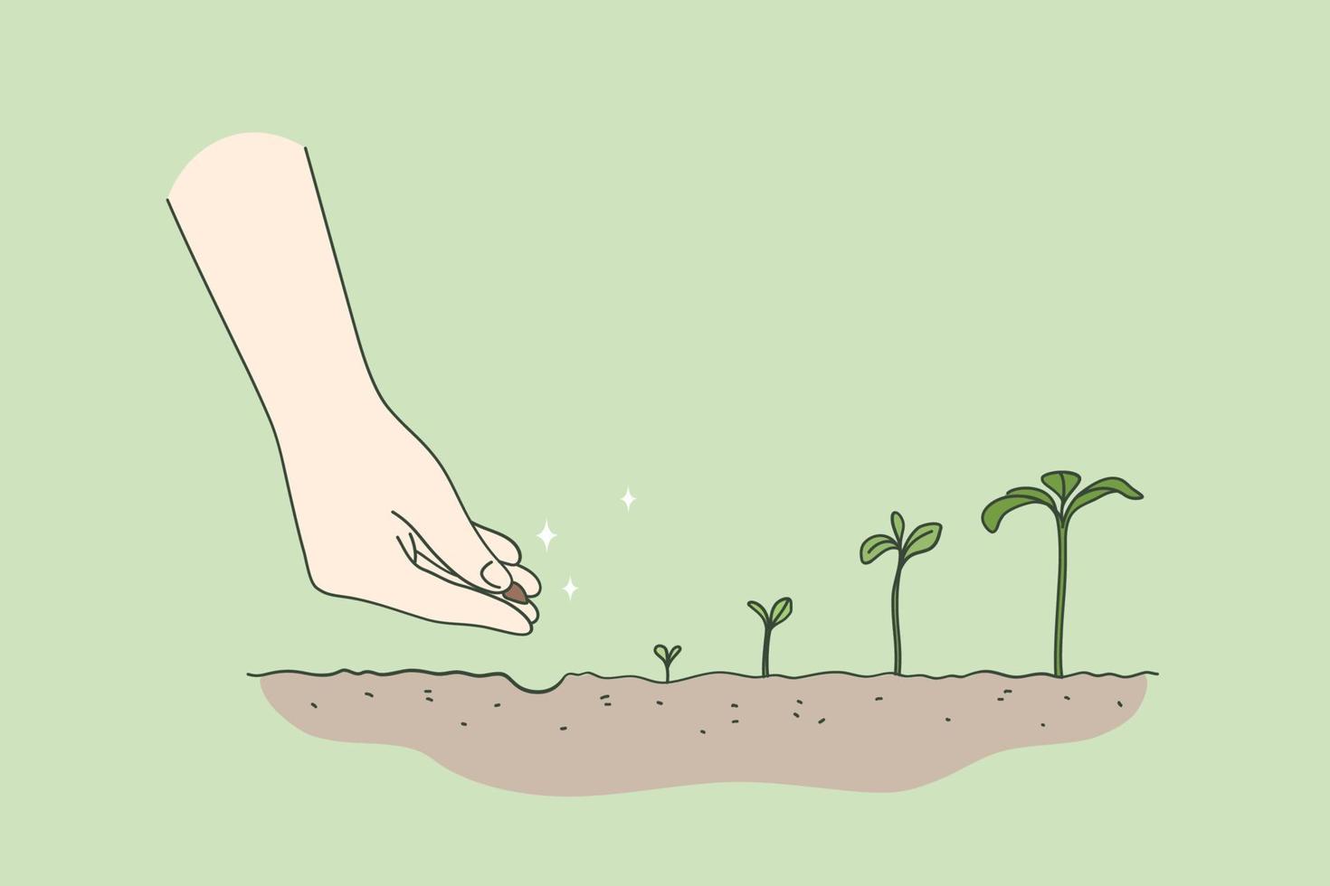 agricultura, medio ambiente, nuevo concepto de vida. Secuencia de germinación de semillas de plantación de mano humana que comienza una nueva vida que comienza sobre la ilustración de vector de fondo verde