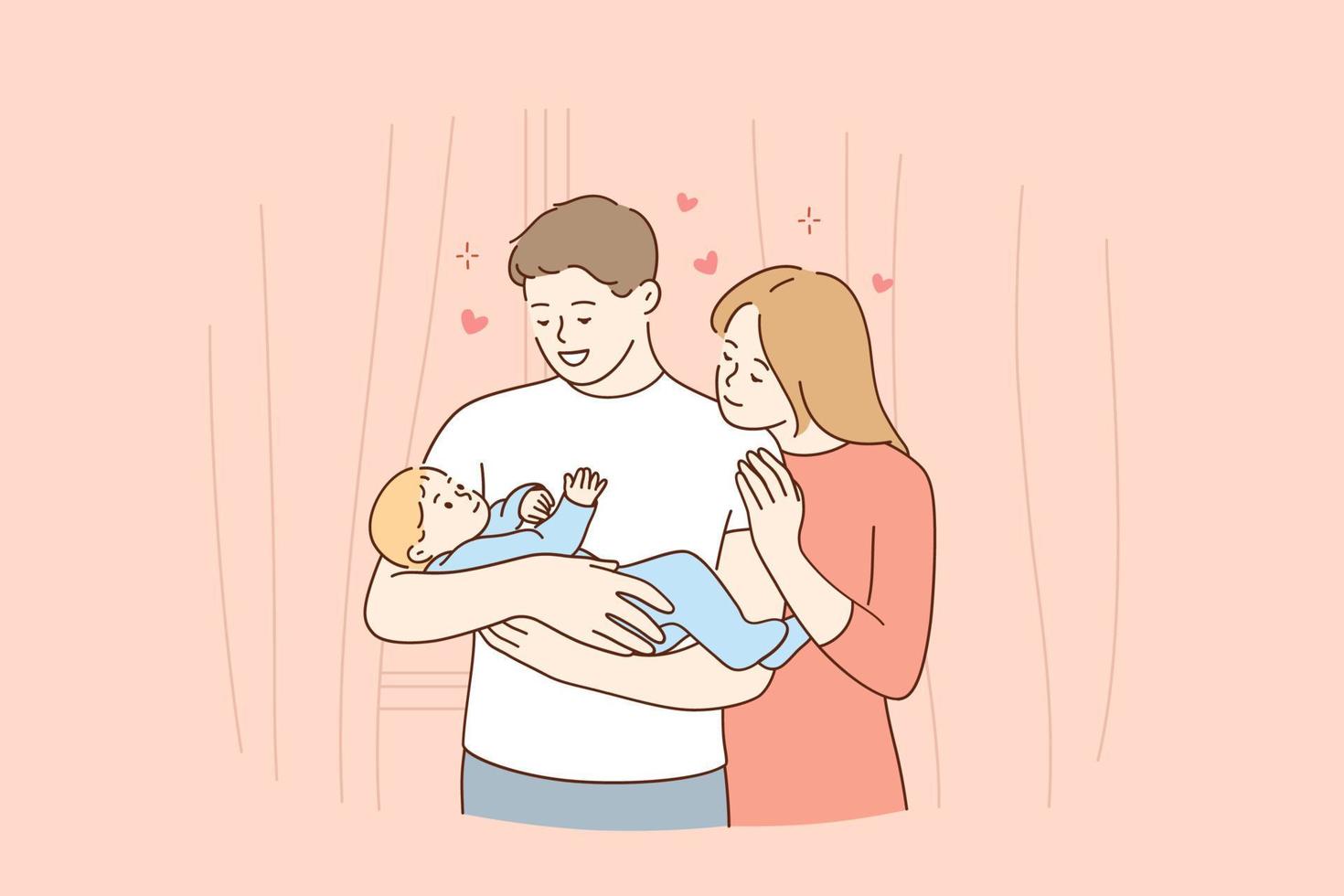 Happy family and childhood concept. Young smiling parents mother and father family standing and holding small toddler infant newborn baby in hands feeling love and happiness vector illustration