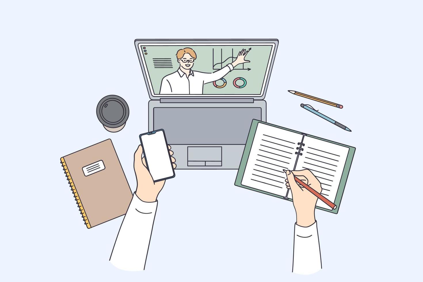 Distance and e-learning education concept. High angle view of video conference with teacher on laptop at home, personal tutor on computer explaining lesson vector illustration