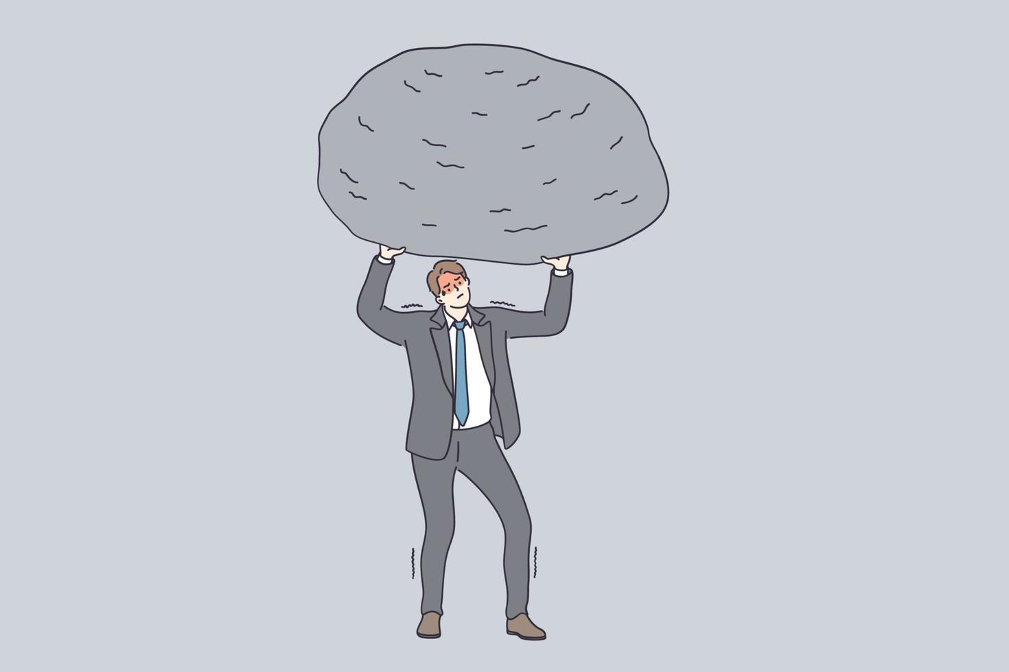 Success, power, strength and stamina concept. Powerful businessman cartoon character in grey suit standing and holding huge stone above head feeling tired and exhausted vector illustration