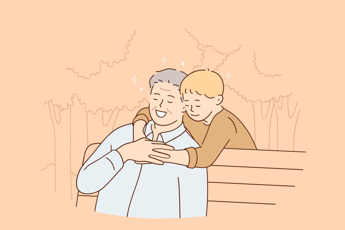 Happy childhood and parenting concept. Smiling senior man sitting on bench and feeling hugs of his grandson hugging him from behind during walk in park in summer vector illustration