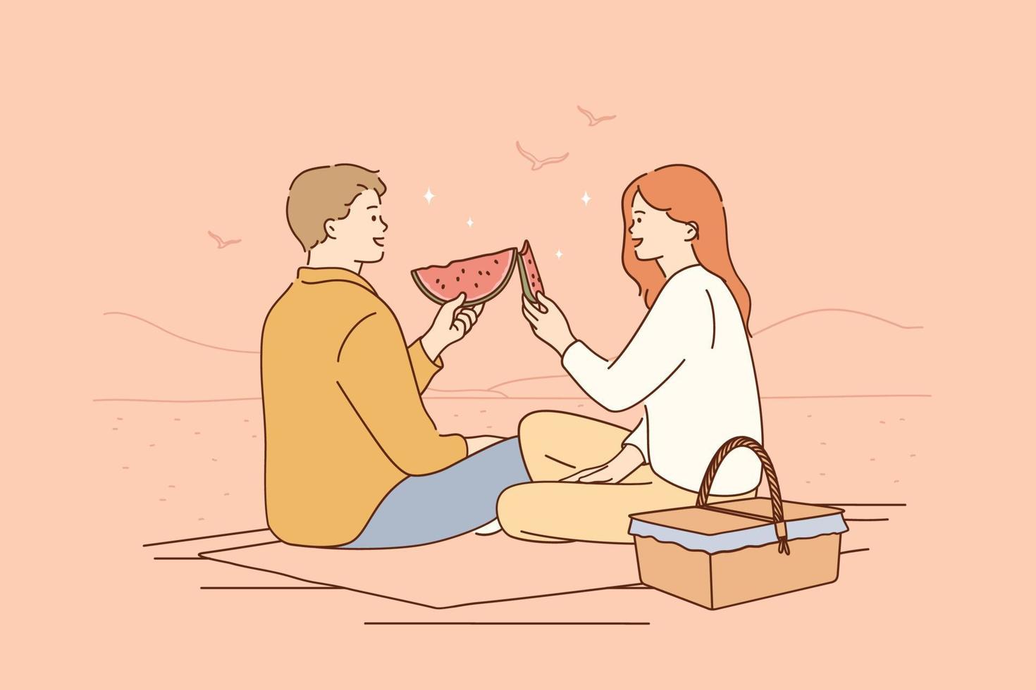 Romantic dating, picnic, summertime concept. Young happy couple cartoon characters sitting on floor having picnic talking smiling eating ripe fresh watermelon together vector illustration