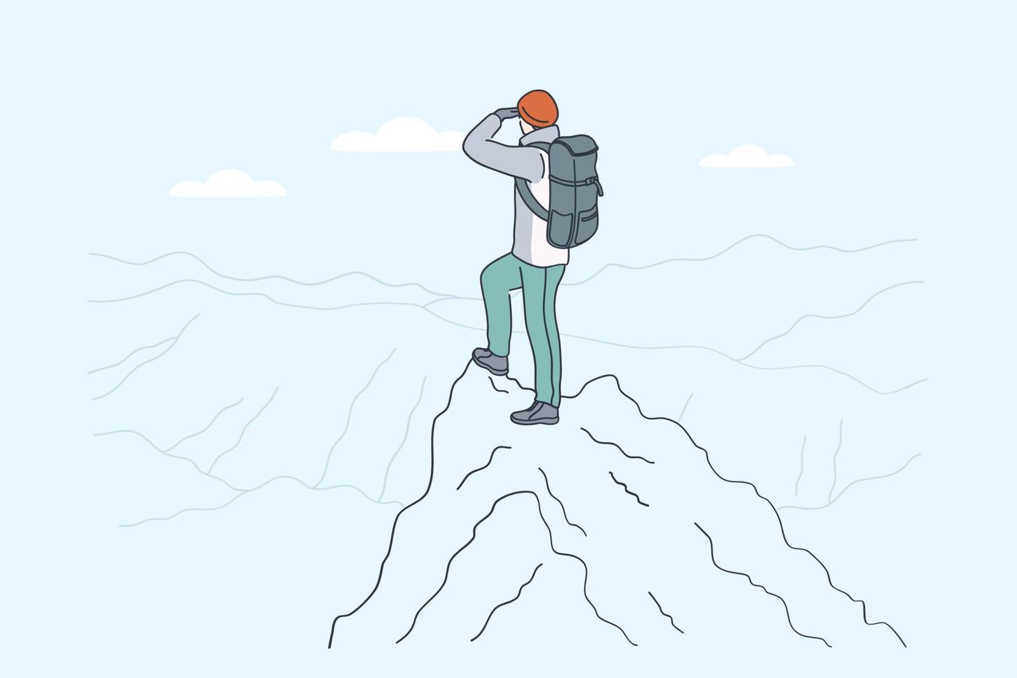 Hiking on mountains, backpacker, traveling concept. Young traveler hiker cartoon character standing backwards on peak of mountains enjoying great landscape view alone vector illustration