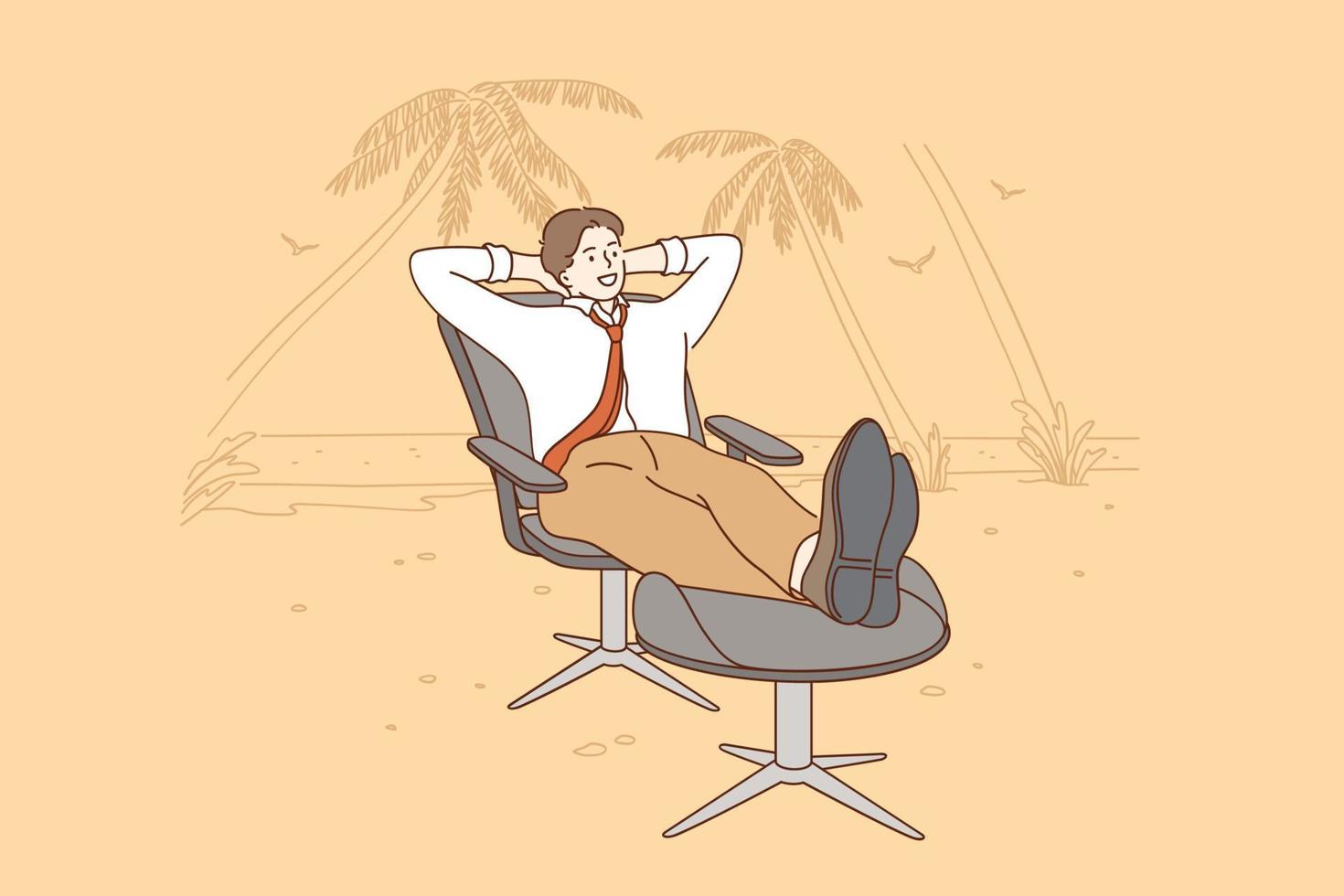 Vacations, rest from work and business concept. Young smiling Businessman cartoon character Relaxing on Office Chair at Beach during vacations weekend or dreaming of relaxation vector illustration