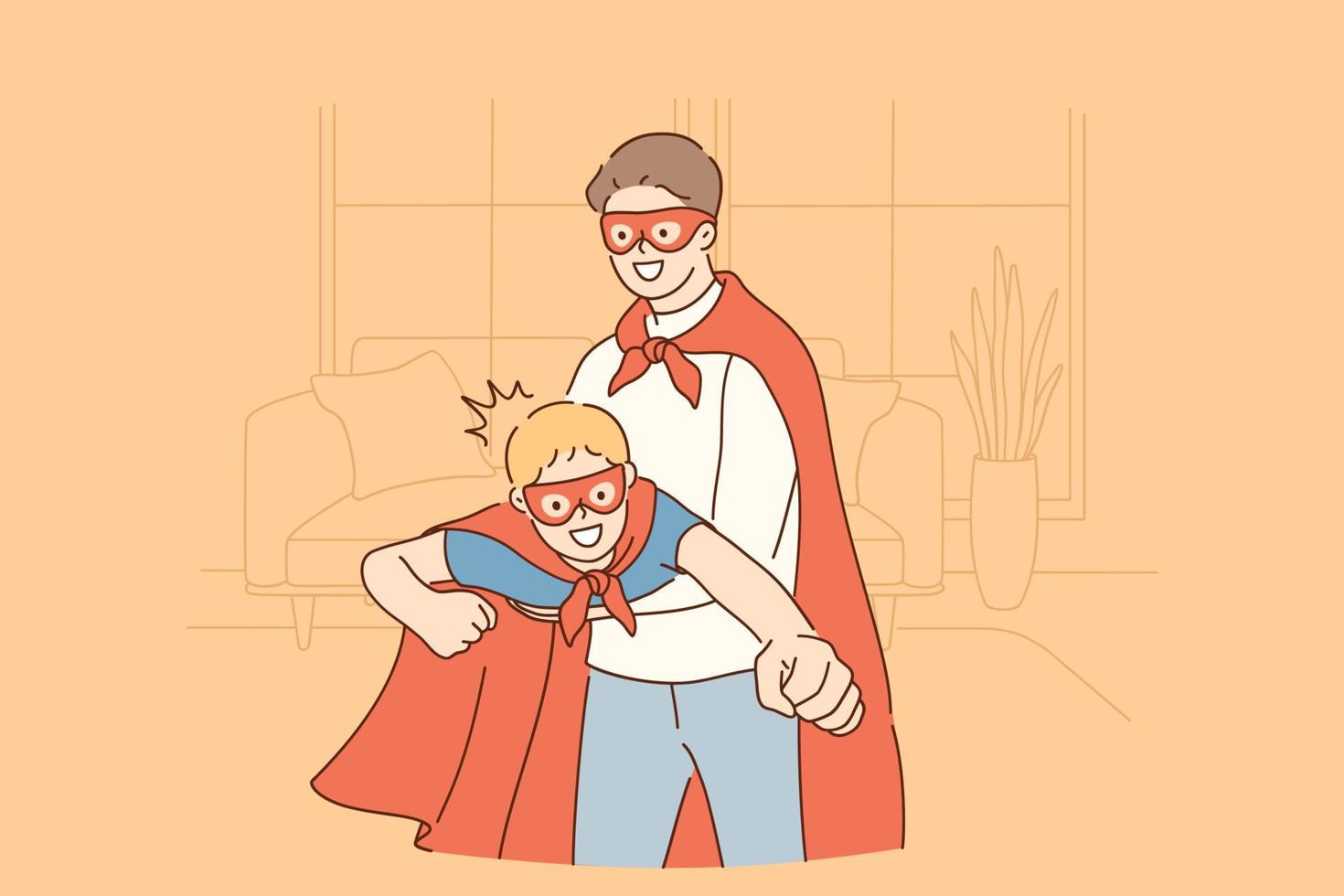 Happy childhood and parenthood, father and son concept. Smiling happy son and father in masks and coats pretending to be superheroes at home during playing game together illustration vector