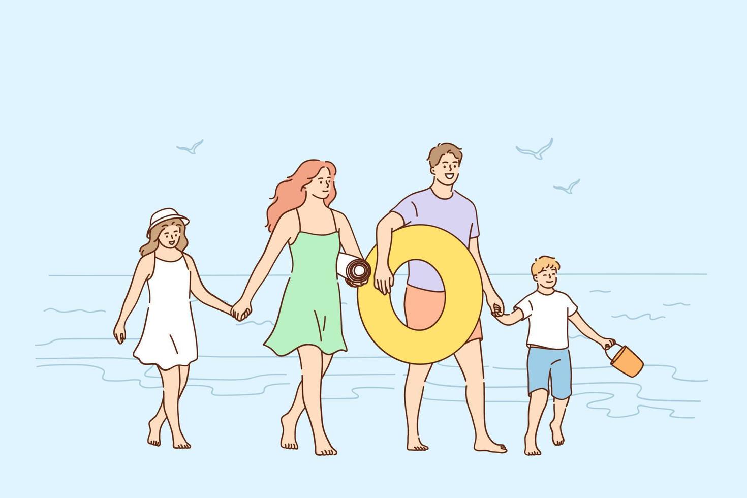 Traveling, enjoying vacations with family concept. Happy Family mother father and children having fun together on seaside on beach during trip vector illustration