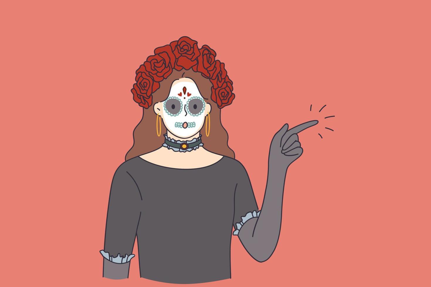 Celebrating Happy Halloween holiday concept. Horrible female in special outfit with white clay skull to look spooky pointing aside against red background vector illustration