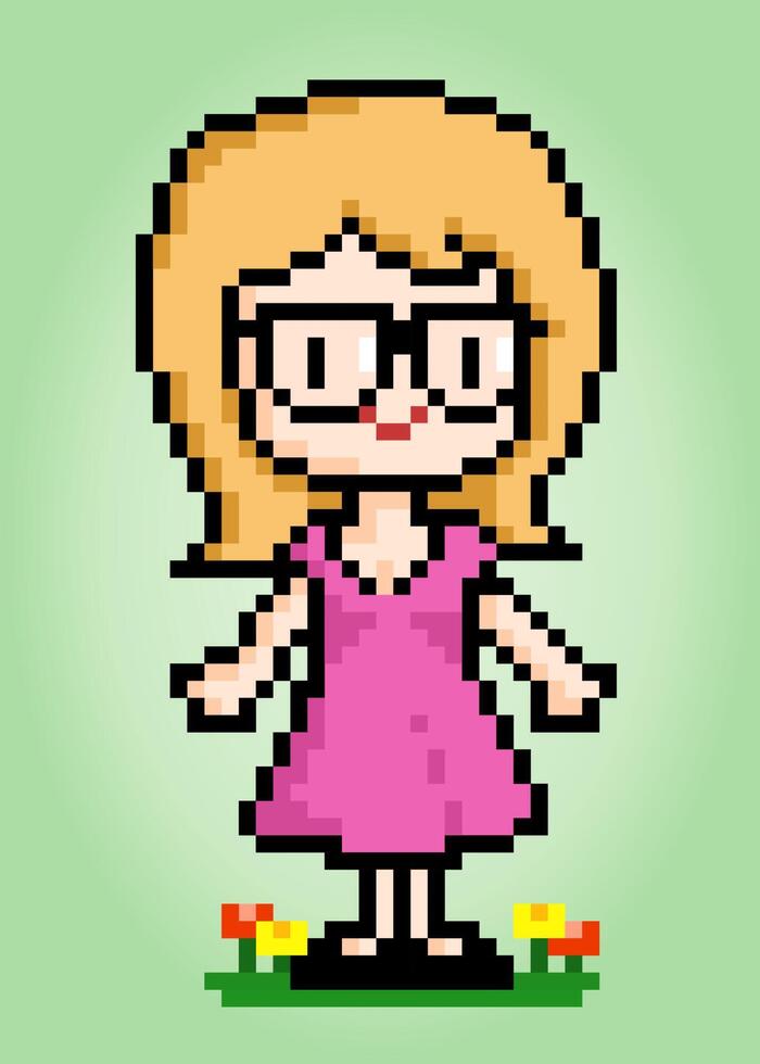 Píxel de 8 bits de la linda chica con gafas. mujeres de dibujos animados en ilustraciones vectoriales. vector