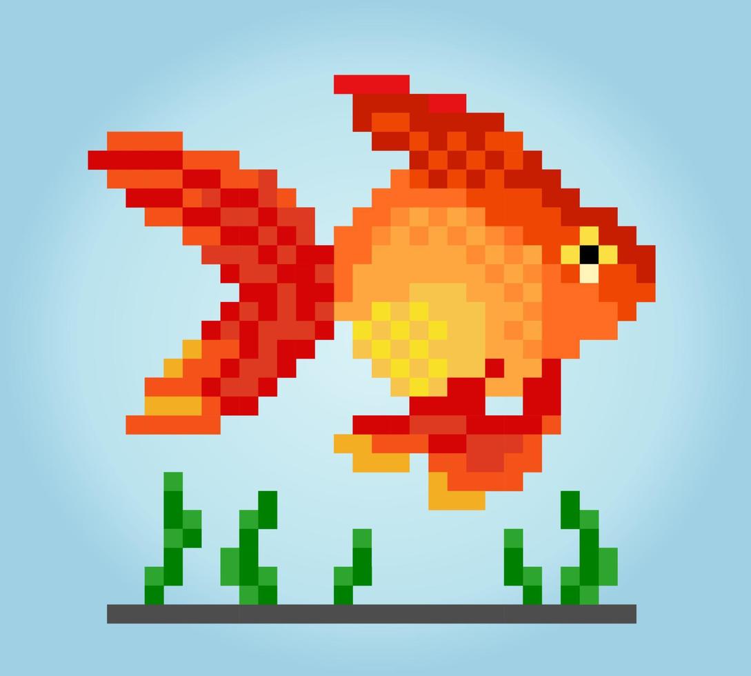 8 bit pixel golden fish. Animal for game assets and cross stitch patterns in vector illustrations.