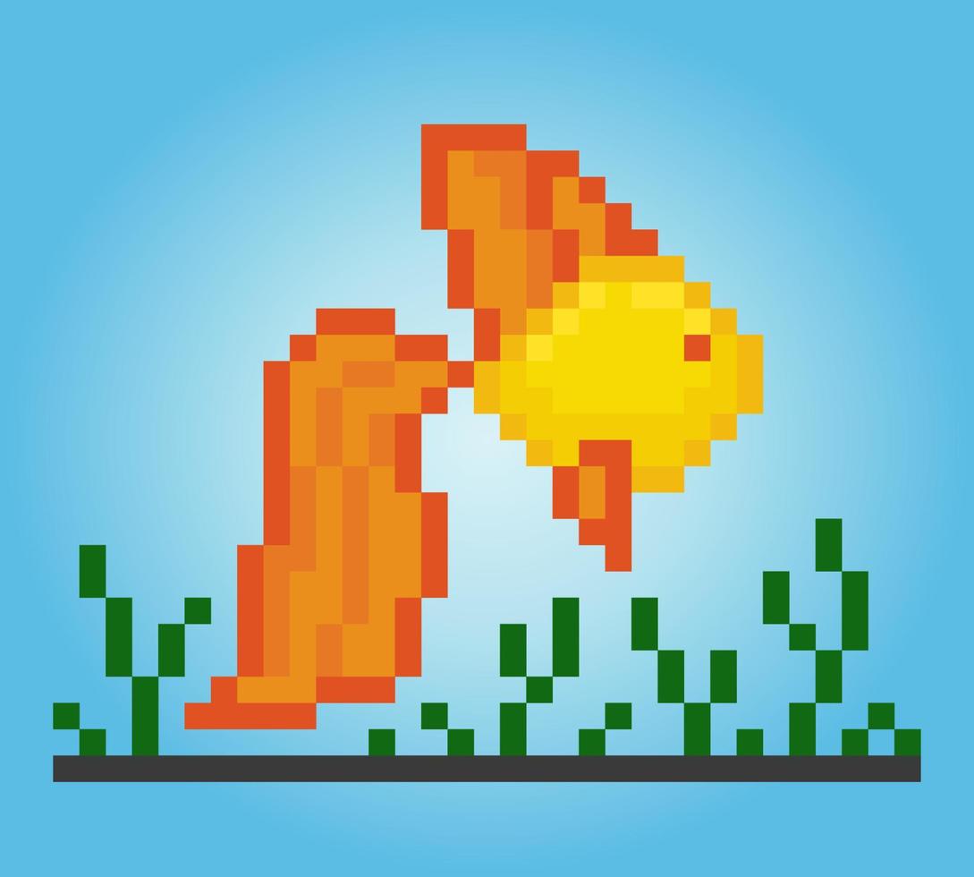 8 bit pixel golden fish. Animal for game assets and cross stitch patterns in vector illustrations.