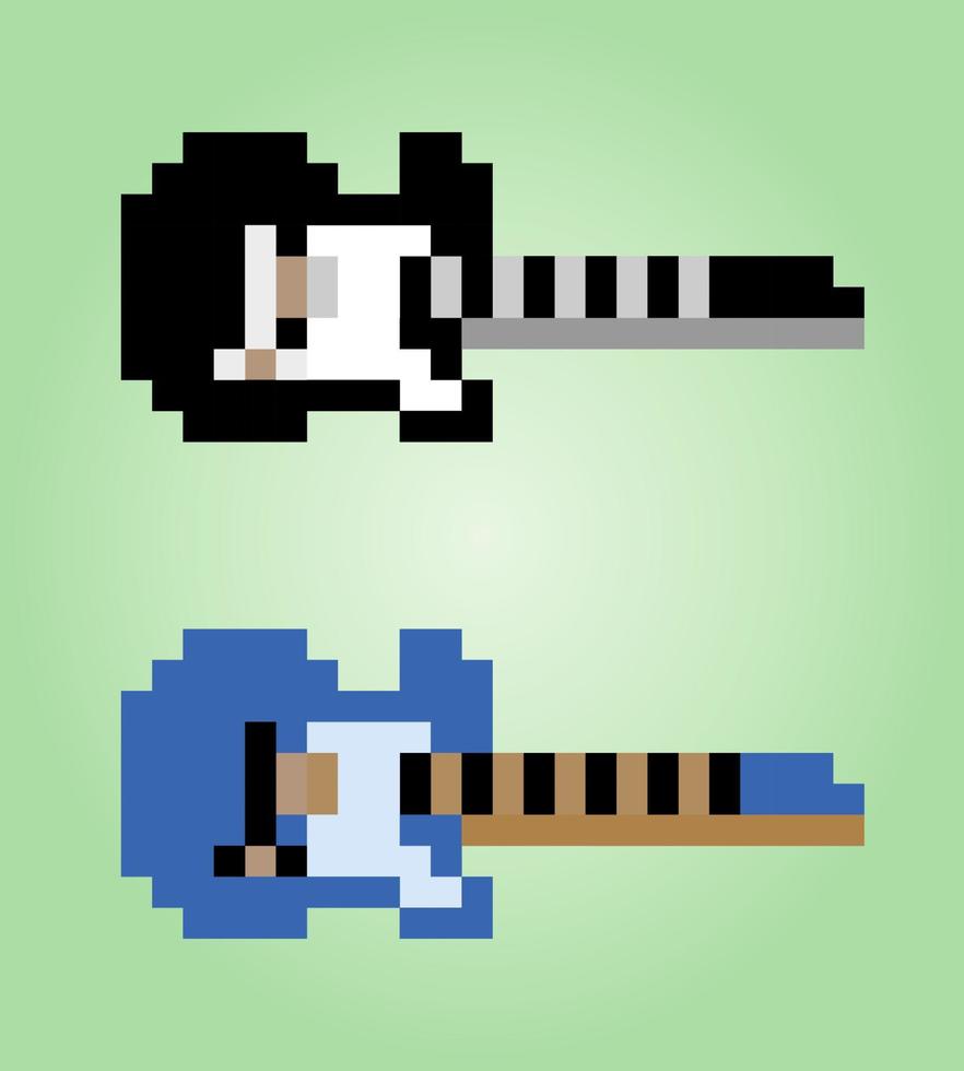 8-bit electric guitar pixel. Instrument object for game assets and Cross Stitch patterns in vector illustrations.