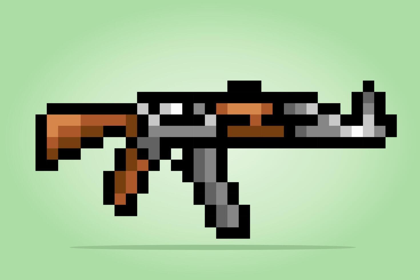 8-bit pixel of AK47 rifle. Weapon for game assets and Cross Stitch patterns in vector illustrations.