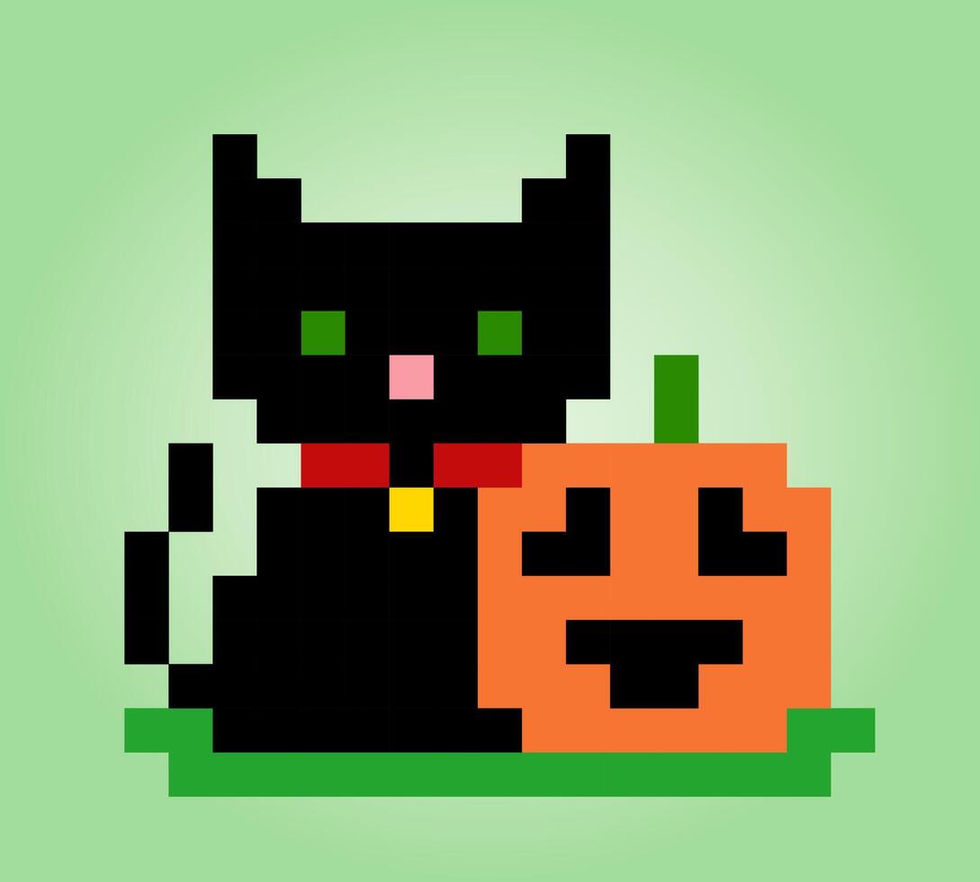 8-bit Pixel cat and pumpkin. Halloween themes for game assets in vector illustration.