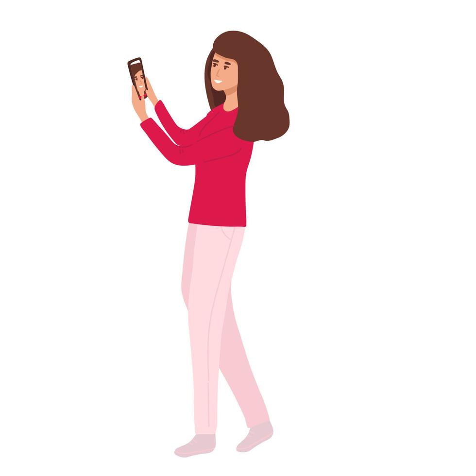 mujer feliz toma selfie. el hombre y la mujer son fotografiados juntos. ilustración vectorial en un estilo plano, vector