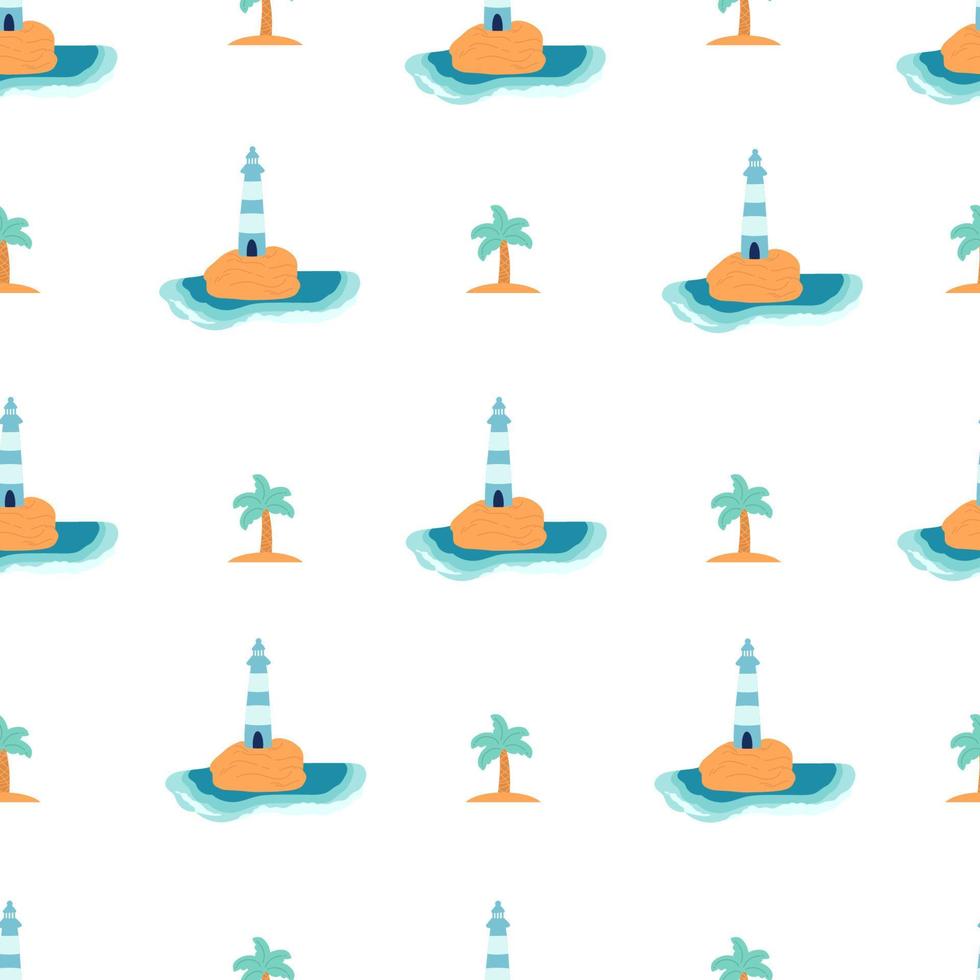 Vector lighthouses seamless pattern with waves, fish, anchor, ocean.