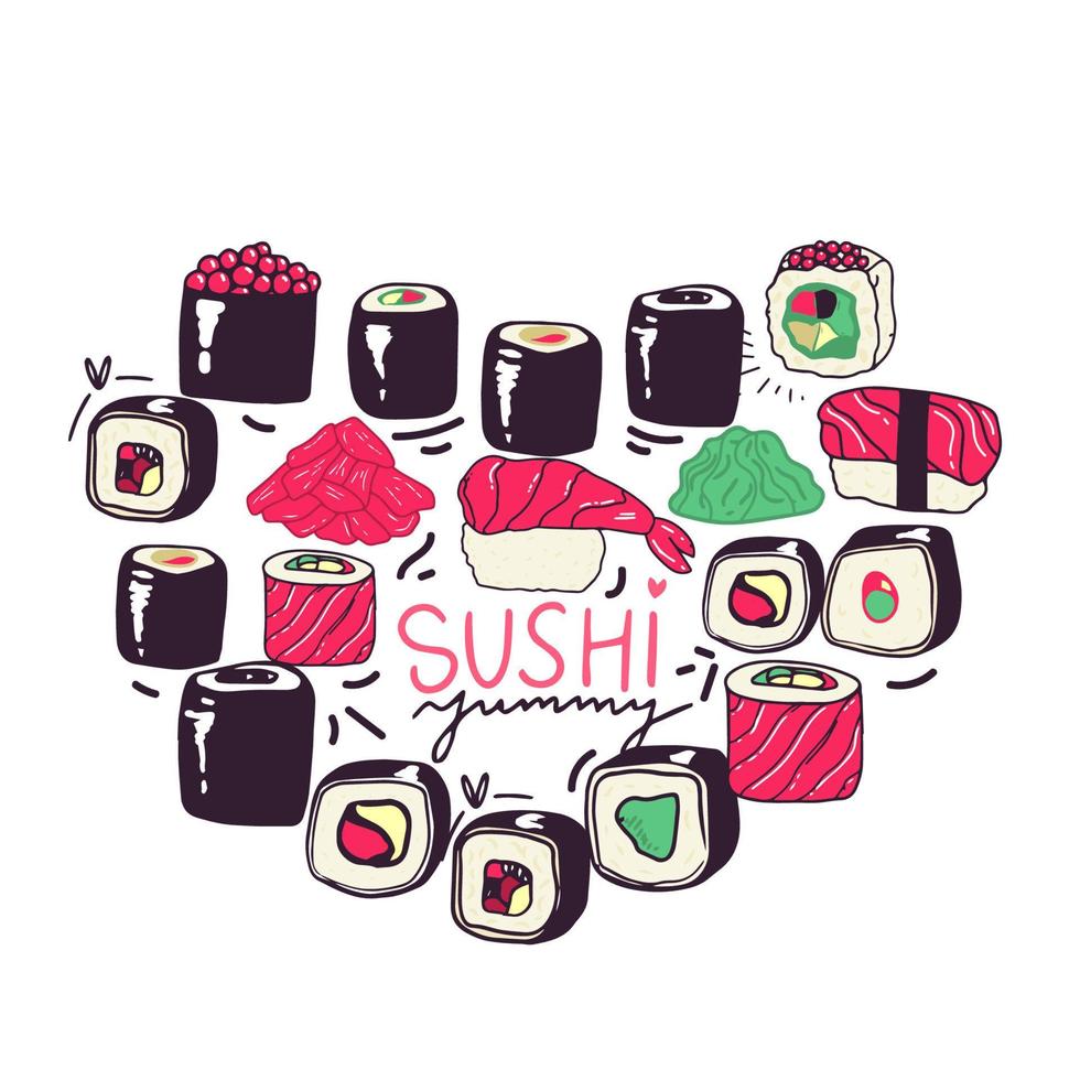 sushi en blanco. aislado en blanco en forma de corazón vector