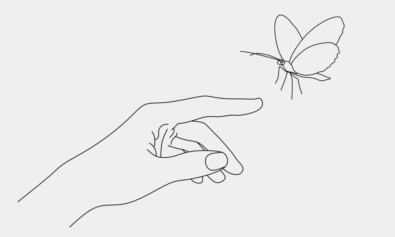 Hand gesture and butterfly minimal line art style. Cute vector illustration, hope, love, missing, longing, care, need, romance