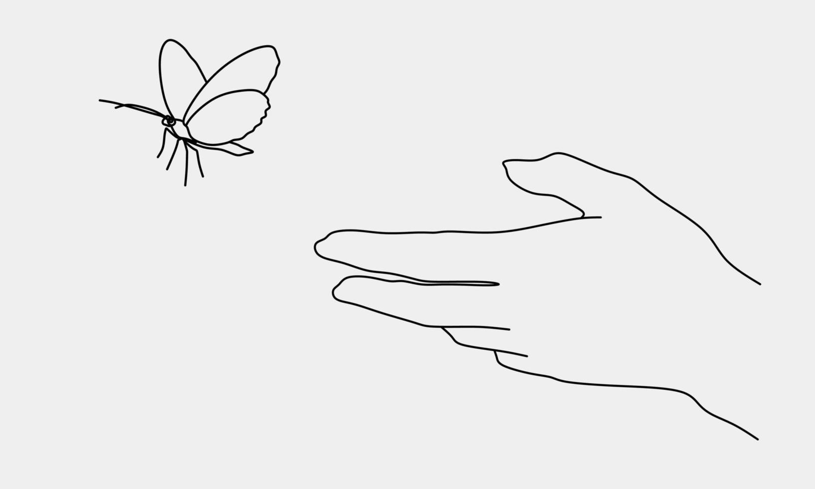 Hand gesture and butterfly minimal line art style. Cute vector illustration, hope, love, missing, longing, care, need, romance