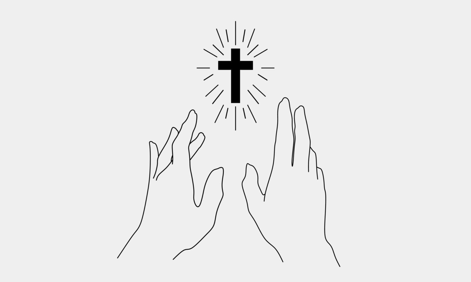 Hands and cross mininal line art doodle style. Faith, spirit, christian, catholic vector design element
