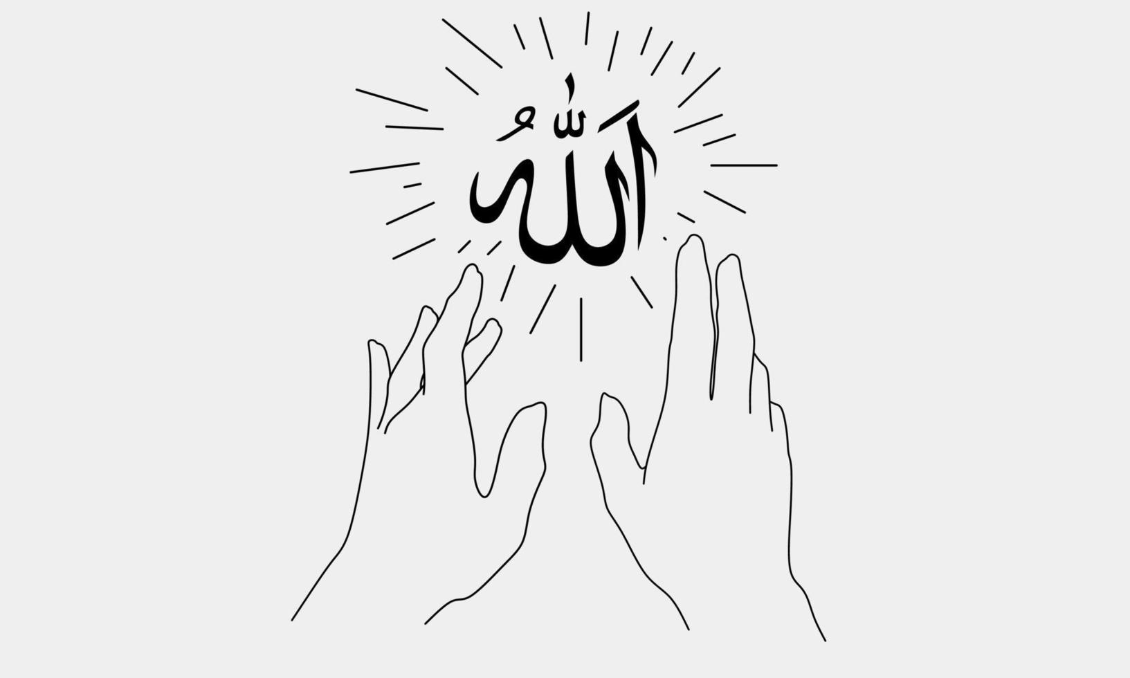 Allah calligraphy and hands gesture minimalist line art style. Islamic god vector illustrative design