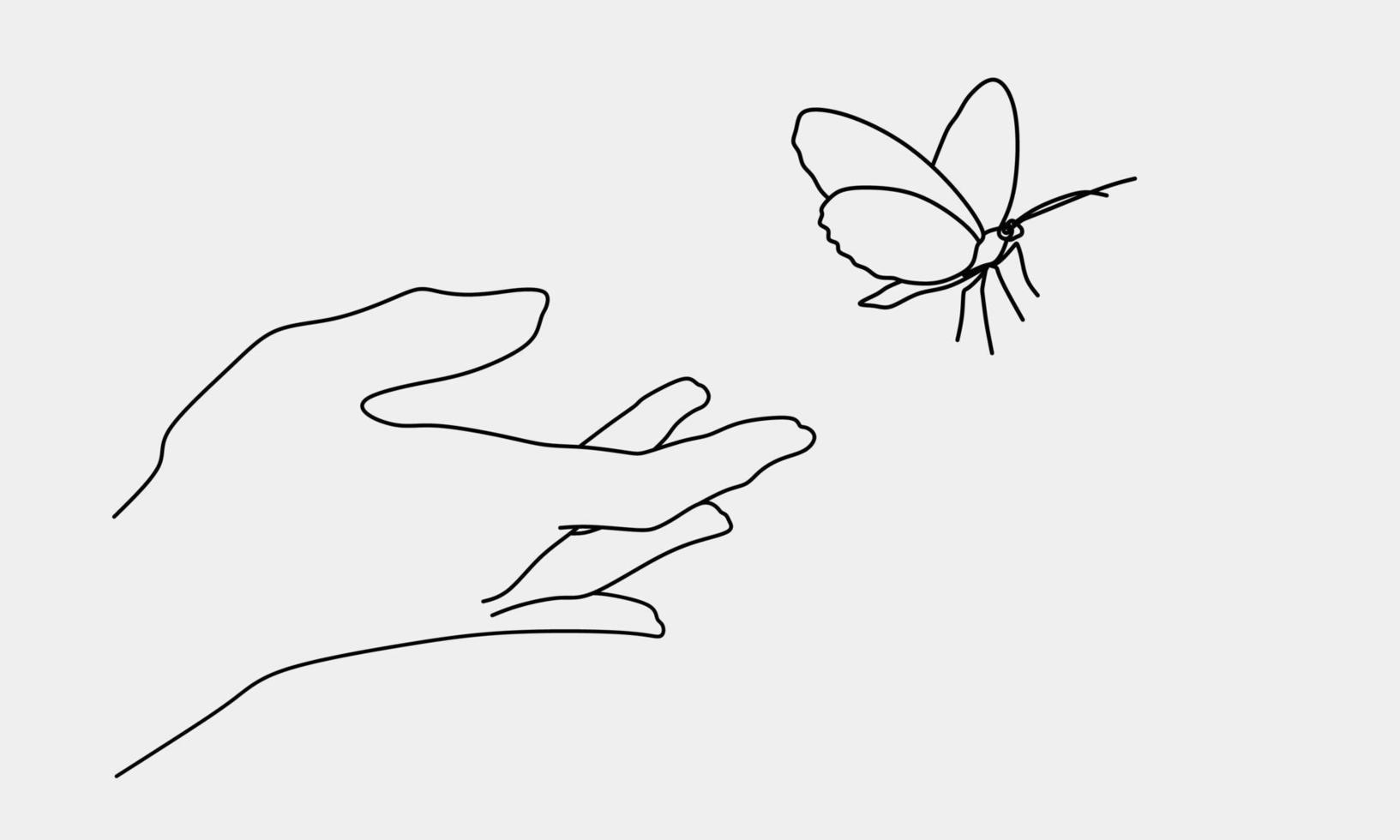 gesto de mano y estilo de arte de línea mínima de mariposa. linda ilustración vectorial, esperanza, amor, falta, anhelo, cuidado, necesidad, romance vector