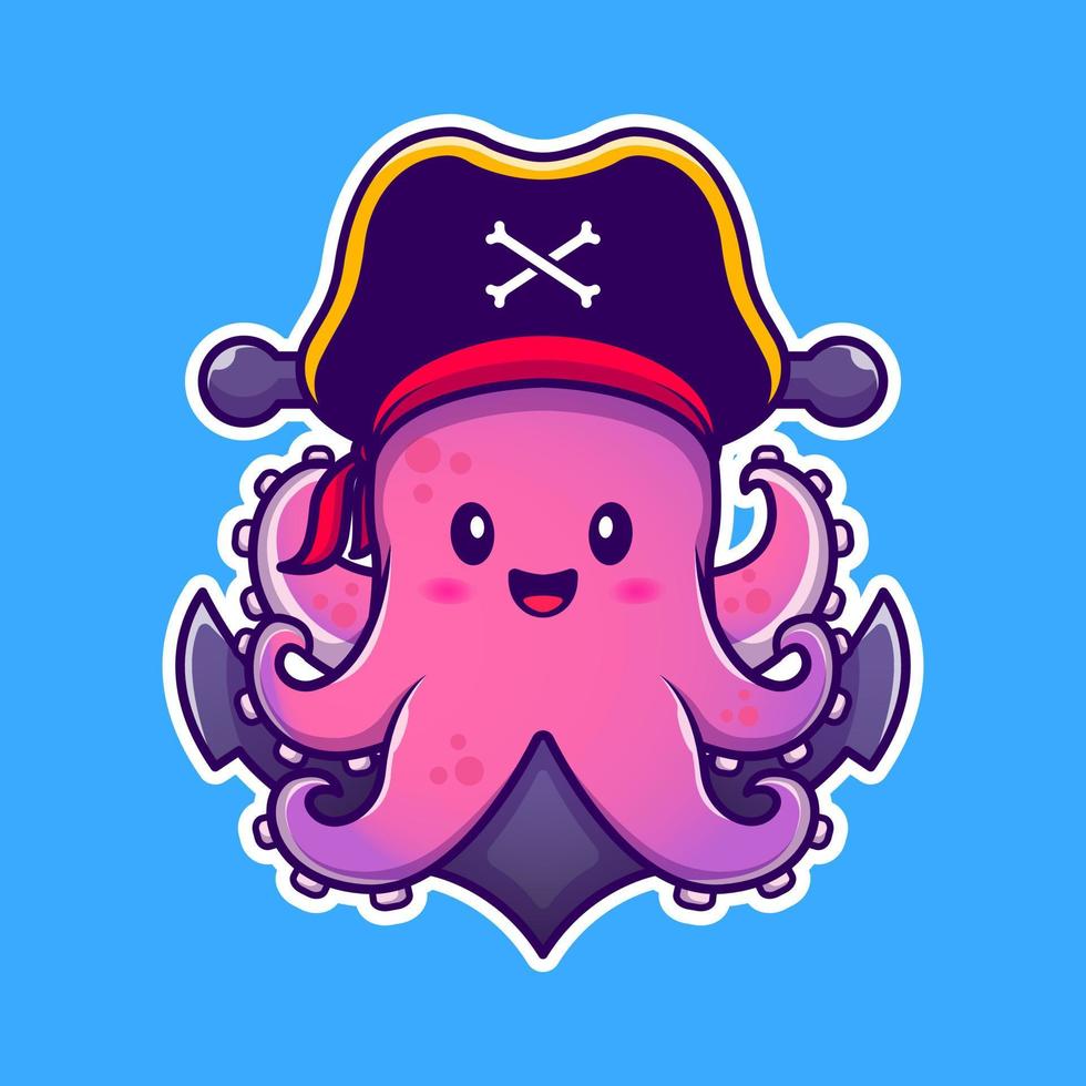 Cute Pirate Octopus With Anchor Cartoon Vector Icon Illustration. Animal Pirate Icon Concept Isolated Premium Vector. Flat Cartoon Style
