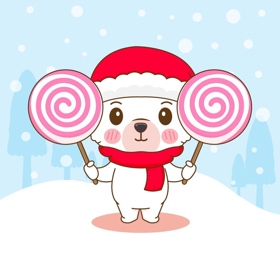 Hand drawn cute Polar bear wears Santa hat with candy cane christmas season cartoon. Kawaii animal character. Merry Christmas greetings card vector