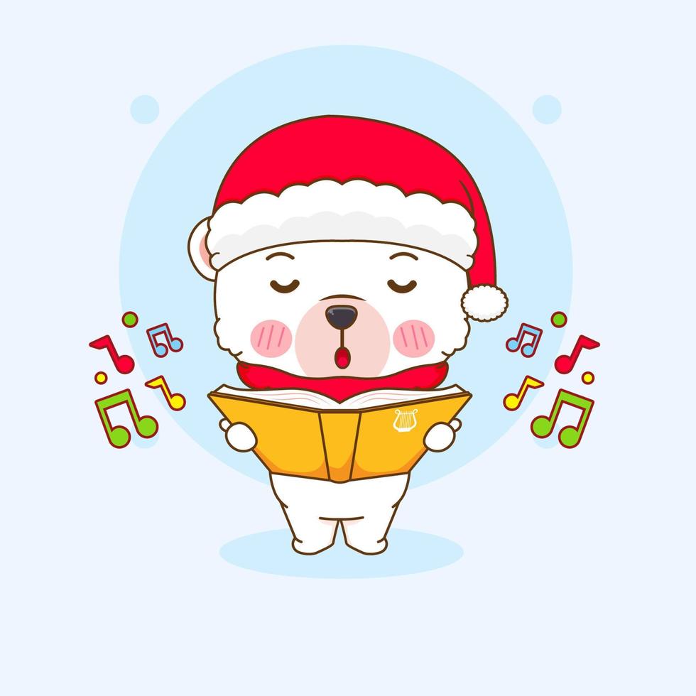 Hand drawn cute Polar bear wears Santa hat singing christmas season cartoon. Kawaii animal character. Merry Christmas greetings card vector