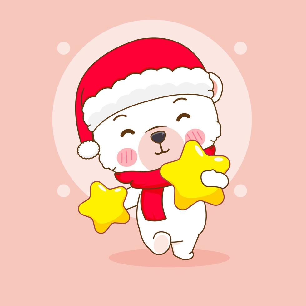 Hand drawn cute Polar bear wears Santa hat with star christmas season cartoon. Kawaii animal character. Merry Christmas greetings card vector