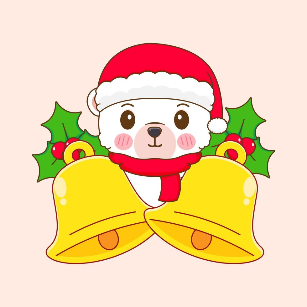 Hand drawn cute Polar bear wears Santa hat with christmas season cartoon. Kawaii animal character. Merry Christmas greetings card vector