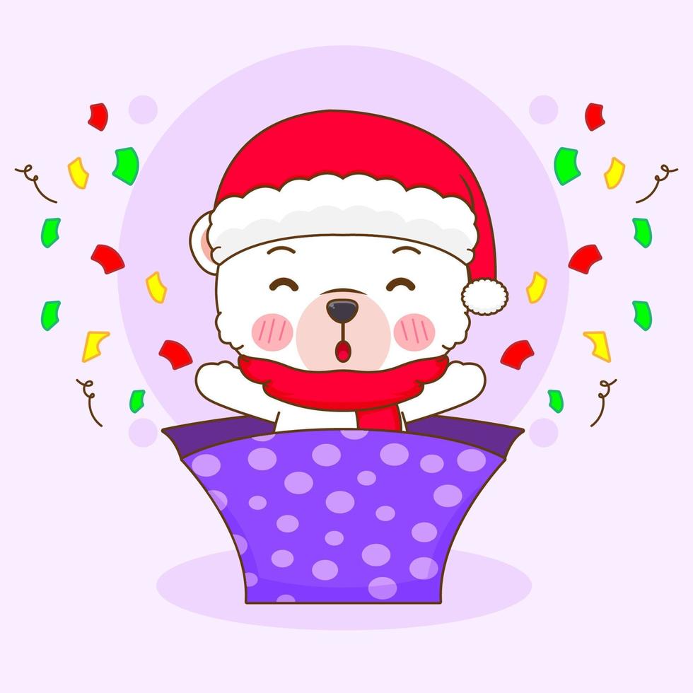 Hand drawn cute Polar bear wears Santa hat christmas season cartoon. Kawaii animal character. Merry Christmas greetings card vector