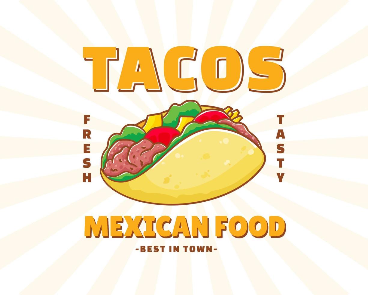 Taco with meat and vegetable. Traditional Latin American Mexican fast-food. Tacos logo icon sticker food concept. Vintage retro flat cartoon style. vector